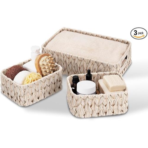 GRANNY SAYS Wicker Baskets for Storage, Wicker Storage Basket for Organizing, Small Woven Baskets, Waterproof Basket for Vanity, Home Decor, 3-Pack