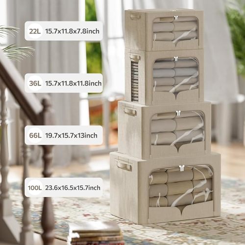 3 Pack Clothes Storage Bins - Foldable Metal Frame Storage Box - Stackable Linen Fabric Container Organizer Set with Carrying Handles and Clear Window (Beige, 19.7x15.7x13inch(66L))
