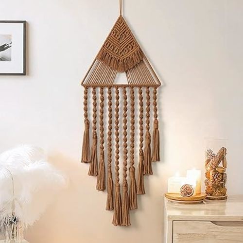 LOMOHOO Macrame Woven Wall Hanging Dream Catcher Triangle Tassel Geometric Art Boho Backdrop Bohemian Home Decor Wall Art Beautiful Apartment Dorm Room Door Decoration(Brown)