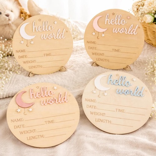 Hello World Baby Announcement Sign, Wooden Birth Stats Photo Prop (5.91 inches)