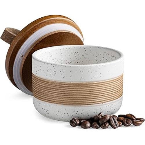 Small Ceramic Jar with Lid, Coffee Container Canister Kitchen Food Storage Jars for Spice Sugar Tea Bag, Stackable Decorative Jars for Countertop, White & 5 fl.oz