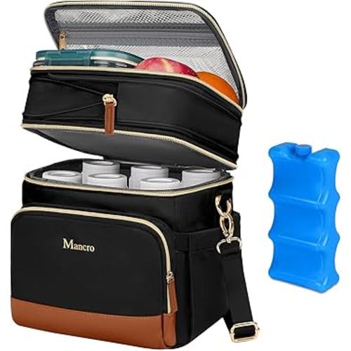 Mancro Expandable Bottle Cooler Bag Fits 6 Bottles Up to 9oz, Double Layer Breastmilk Cooler Bag with Ice Pack, Leakproof Breast Milk Cooler Travel Bag with Stroller Strap for Nursing Moms, Black