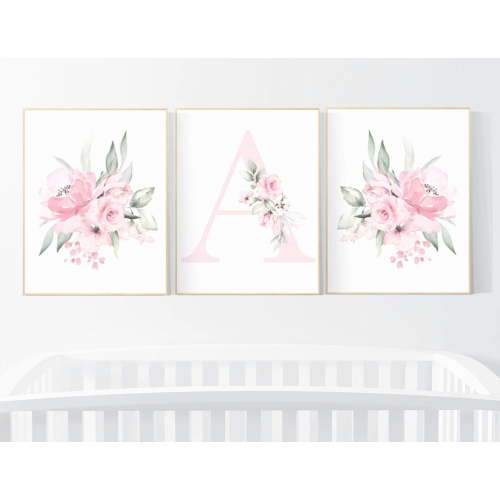 UNFFRAMED Luvia Set of 3 Pink Floral Nursery Wall Art Prints Boho Baby Room Decor Girl Flower Theme Set 3 Prints 8x12