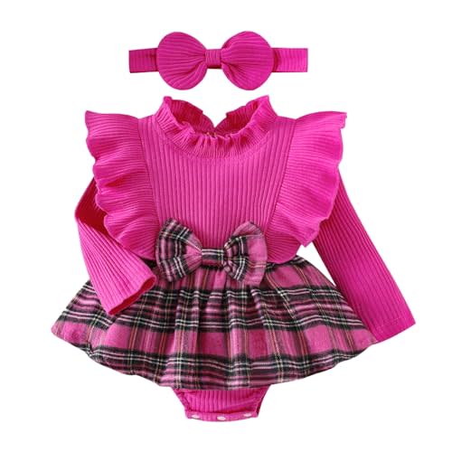 Baby Girl Clothes Cute Plaid Romper Dress Ruffle Long Sleeve One-piece Jumpsuit Bodysuit with Bow Headband