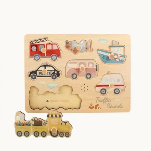 Freniland Wooden Traffic Sound Puzzle for Toddlers, Vehicle Peg Puzzle Learning Toy with Sounds, Fine Motor & Early Learning Activity