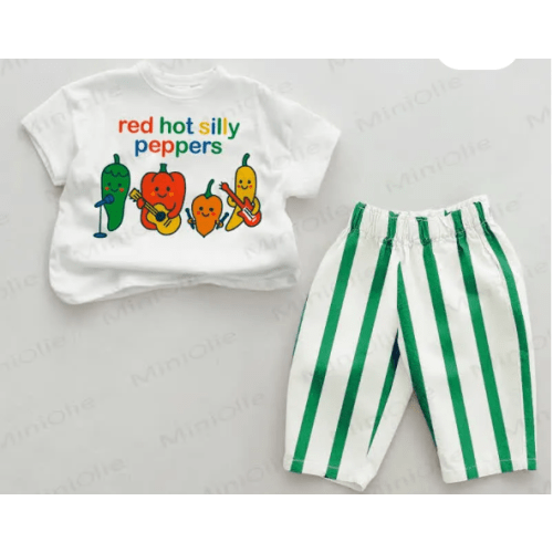 RED HOT SILLY PEPPERS Baby Green/Red Vertical Striped 2-piece Set
