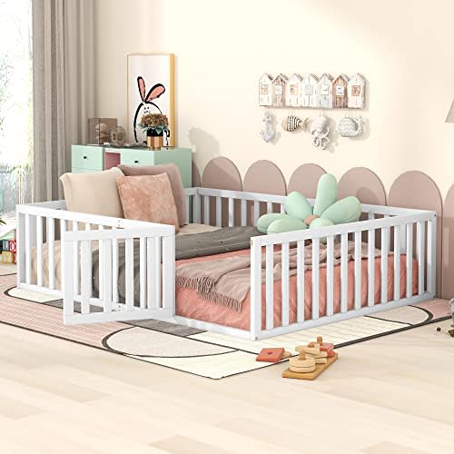 Bellemave Queen Size Floor Bed Frame for Kids Wood Montessori Beds with Fence Railings Children, Fun Playhouse Boys Girls, White