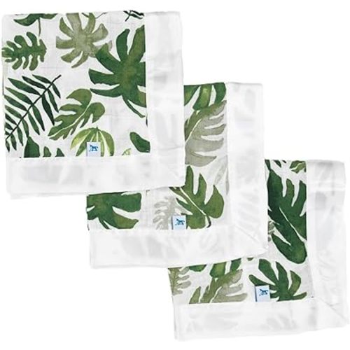 Little Unicorn Security Blankets 3 Pack | 100% Cotton Muslin with Satin Border| Super Soft and Breathable | Baby, Infant, Toddler | Lovey for Boys and Girls | Tropical Leaf