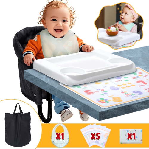 Wonderstone Portable Hook-On High Chair, Folding Tabletop Baby Chair with Tray and Storage, Black
