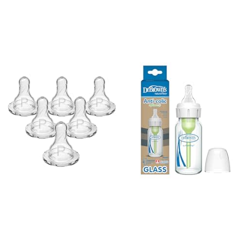 Dr. Brown's Natural Flow Preemie & Anti-Colic Options+ Narrow Baby Bottles, Slowest & Slow Flow Silicone Nipples, 6 Count