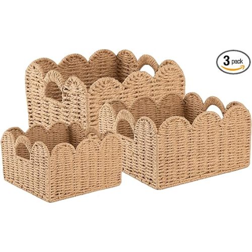 OIAHOMY Scalloped Wicker Baskets, Hand-woven Storage Baskets with Built-in Handles, Paper Rope Shelf Baskets for Organizing and Decoration, Set of 3-Yellow
