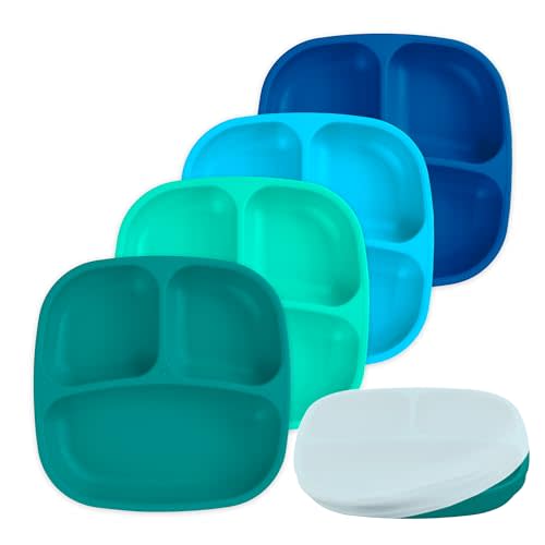 Re-Play Divided Toddler Plates Set of 4 - Deep-Walled 3 Compartment Kids Plates for Picky Eaters - Dishwasher & Microwave Safe - BPA-Free - Made in USA, A True Blue