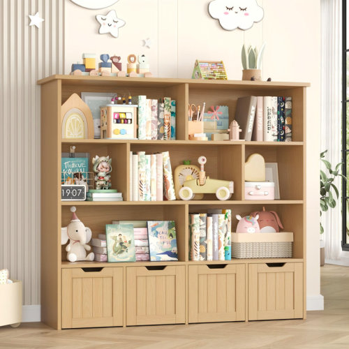 Harriet Bee Kirklyn 49.4"W 7 Cube Bookcase, Standard Bookcase With 4 Removable Drawers, Wood Storage Standard Bookshelves & Reviews | Wayfair