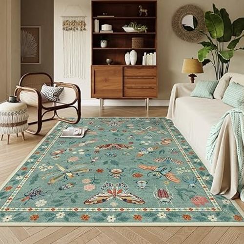 Lahome Insect Washable Rugs for Living Room, Soft 6x9 Area Rugs for Bedroom, Ultra-Thin Non Slip Green Area Rug Low Pile Stain Resistant Throw Carpet for Dining Room Office(6'x9',Green)