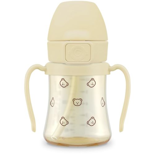 GROSMIMI PPSU Baby Straw Cup Stage 2, 12M+, Spill-Proof, 6oz (Bear) | Flip-Top | Babies & Toddlers 12+ Months | Removable Rotating Handles | Silicone Straw | BPA-Free Sippy Cup | 200ml