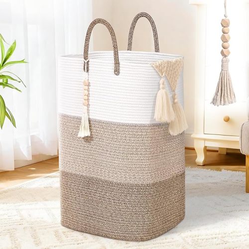 65L Woven Laundry Basket for Clothes, Large Rectangle Laundry Hampers with Beads Tassel, Nursery Storage Basket for Toys, Tall Dirty Clothes Hamper for Bedroom Aesthetic, Laundry Room Organization