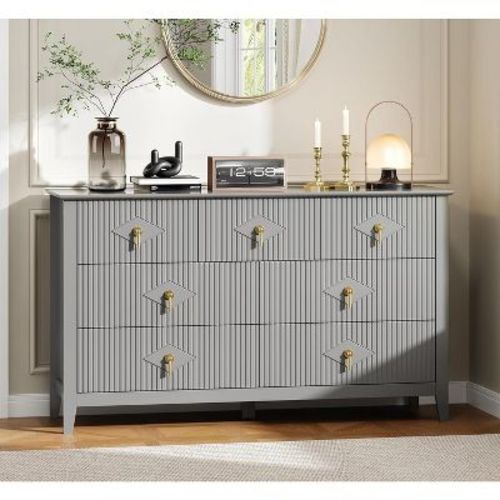 Fluted Dresser 54" Wide, 7-Drawer Wood Dresser for Bedroom, Modern Chest of Drawers, Storage Organizer Cabinet for Living Room, Entryway, Grey