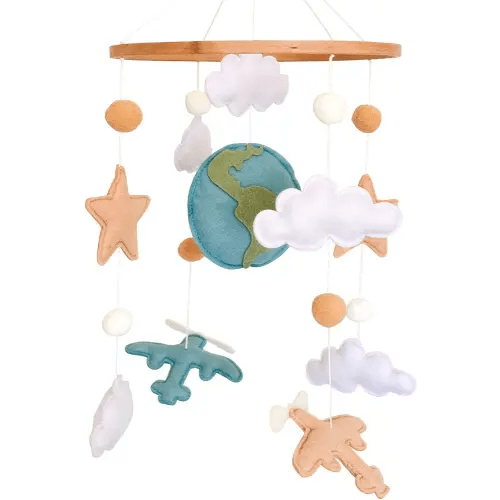 Airplane Baby Crib Mobile, Plane Mobile for Crib, Travel Nursery Decor for Boys, Neutral Vintage Baby Shower Gift, with Clouds, Stars & Globe