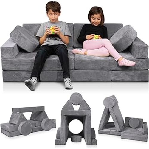 Lunix LX15 14pcs Modular Kids Play Couch, Child Sectional Sofa, Fortplay Bedroom and Playroom Furniture for Toddlers, Convertible Foam and Floor Cushion for Boys and Girls, Steel Gray