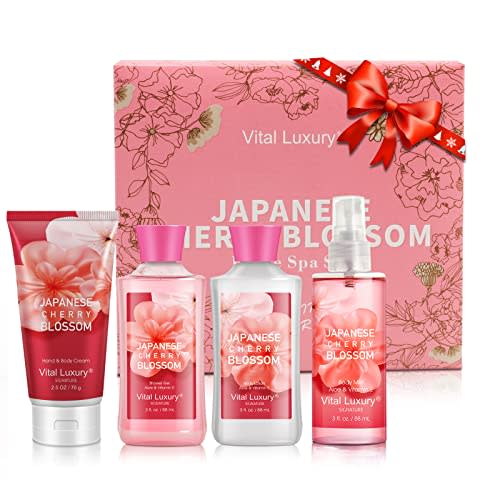 Japanese Cherry Blossom Bath & Body Kit, 3 Fl Oz Travel Size, Ideal Skincare Relaxing Home Spa Set, Includes Body Lotion, Shower Gel, Body Cream, and Fragrance Mist, Bath Gifts for Her and Him