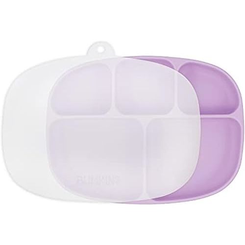 Bumkins Toddler and Baby Suction Plate, Silicone Divided Grip Dish and Lid, Large 5-Section Tray for Kids, Essentials in Children Feeding Supplies, Non Skid Stick Bottom, Ages 6 Months Up, Lavender