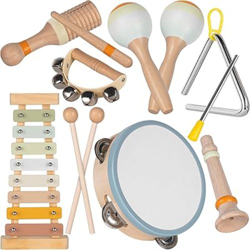 Stoie's Wooden Kids Musical Instruments for Babies and Toddlers 3-9 Years Old, Montessori Educational Music Toy with Xylophone, Tambourine, Hand Bell, Triangle, Maracas, Durable, Storage Bag, Unisex
