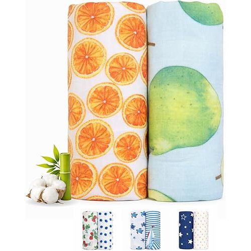 Bamboo Muslin Swaddle Blankets for Newborn – 70% Bamboo Cooling Lightweight Summer Baby Blanket, Oversized 47x47 Breathable Receiving Blankets, 2 Pack – Citrus Garden