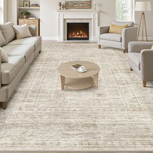 Nakagishi 8x10 Area Rugs Living Room: Washable Large Vintage Beige Rug Neutral Non-Slip Soft Stain Resistant Indoor Carpet for Bedroom Nursery Dining Room Under Table Bed Home House Office Playroom