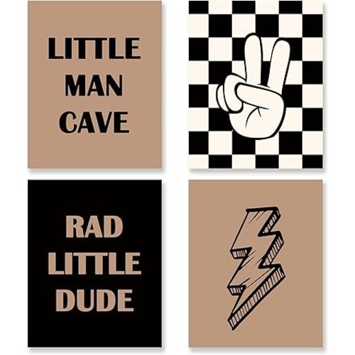 KSDUT Little Man Cave Wall Art Decor Set of 4 - Rad Little Dude Artwork Poster Prints Wall Decor Retor Checkered Lightning Peace Sign Wall Art for Nursery Toddler Room Decorations - 8"x10" Unframed