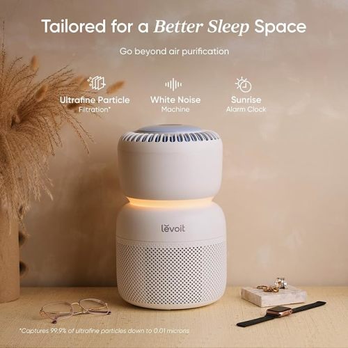 LEVOIT Air Purifier for Home Bedroom with HEPA Filter, White Noise Sound Machine and Blue Light-Free Night Light Support Better Sleep, AHAM VERIFIDE, 5 Air Quality Monitor, Smart WiFi, Sprout
