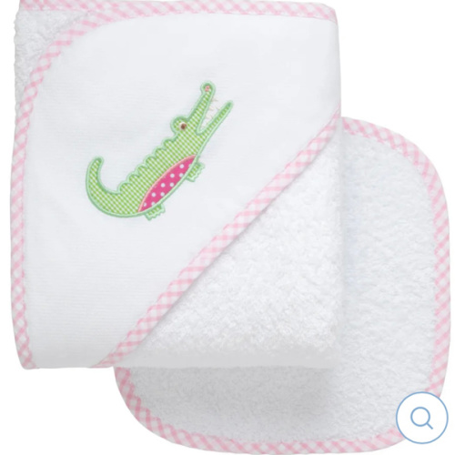 Alligator Applique Hooded Towel & Washcloth Set - Pink