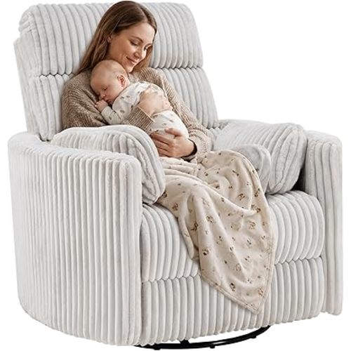 SUNWAVE 40" Oversized Power Nursery Rocking Recliner Barrel Chair, Swivel Nursing Chair with Electric Headrest & Anti-Pinch, Lay-Flat Corduroy Rocking Chair Nursery with USB/Type-C