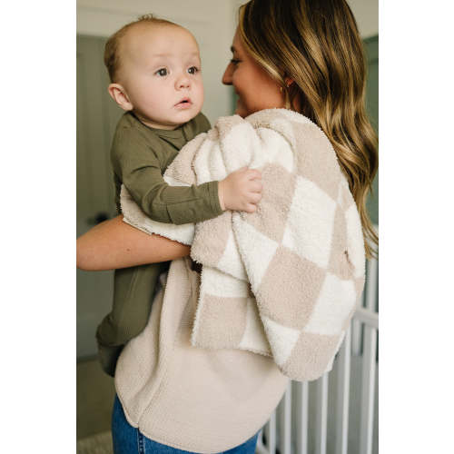 Taupe Checkered Plush Blanket