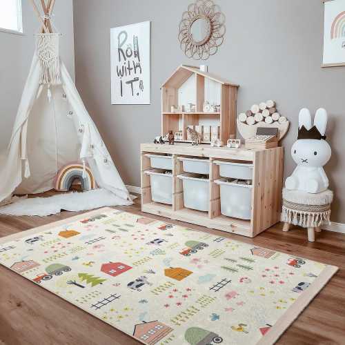 Farmhouse Theme Nursery Carpet-Tractor House Tree Kids Room Rug-Cow Farm Toddler Mat-Pastel Playmat-Vintage Style Anti Slip Mat