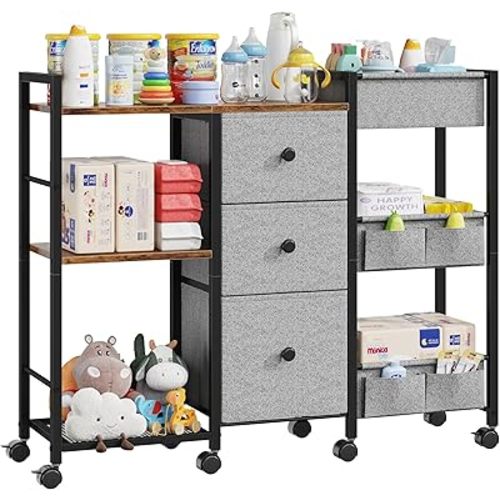 GYIIYUO Diaper Caddy Cart with Storage Fabric Drawers/Open Shelves, Baby Caddy Organizer, 3-Tier Rolling Utility Cart on Wheels for baby nursery essentials,bedside,makeup(Rustic Brown)