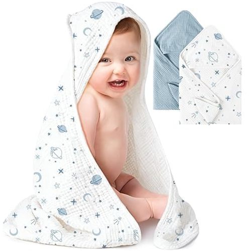 Konssy 2-Pack Muslin Hooded Baby Towels, 100% Cotton, Ultra-Soft & Absorbent Baby Bath Towels with Hood for Newborn & Infant (Blue, Star,32" x 32")