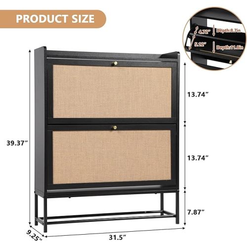 AVZEAR Narrow Storage Cabinet, 2 Flip Drawers, Freestanding Cabinet with Natural Linen, Foyer(Black)