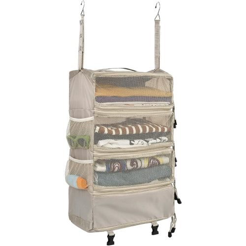 Surblue Travel Hanging Luggage Organizer Portable Suitcase Closet Organizer Multiple Compartments Collapsible Compression Packing Cubes Shelf, Beige, M