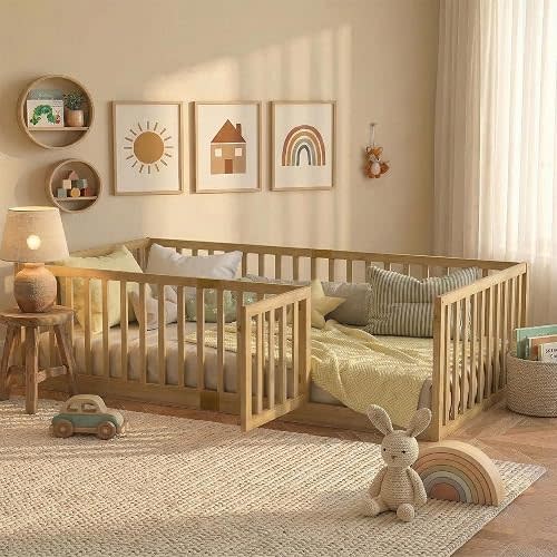 Full Size Montessori Floor Bed with High Rails and Slats, Solid Wood Floor Bed Frame with Door,Full Low Wooden Kids Beds with Guardrails for Boys Girls,No Box Spring Needed, Natural