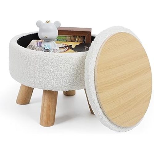 NANANARDOSO Petit tabouret ottoman avec rangement, repose-pieds rond pour canapé, repose-pieds sous le bureau, pour salon, chambre à coucher et bureau, blanc
