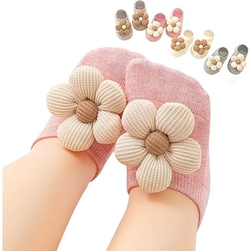 4Packs Baby Girls Socks,Flower Non-Slip Grips for Babies Toddler Princess Low Cut Ankle Socks for Girls