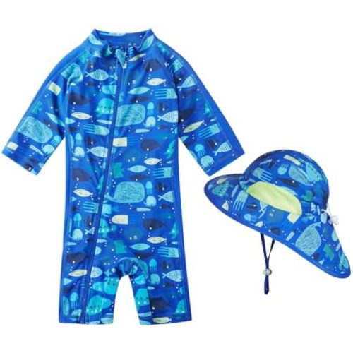 Toddler Baby Boys Swimsuit Rashguard One Piece Zipper Bathing Suit with Sun Hat Infant Swimwear Sunsuit UPF 50+