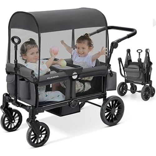 ELEMARA Foldable Wagon Stroller, Stroller Wagon for 2 Kids, Premium All Terrain Wagon for Kids with Removable Canopy, Adjustable Push/Pull Handle, Harnesses, Large Storage Bag, Grey