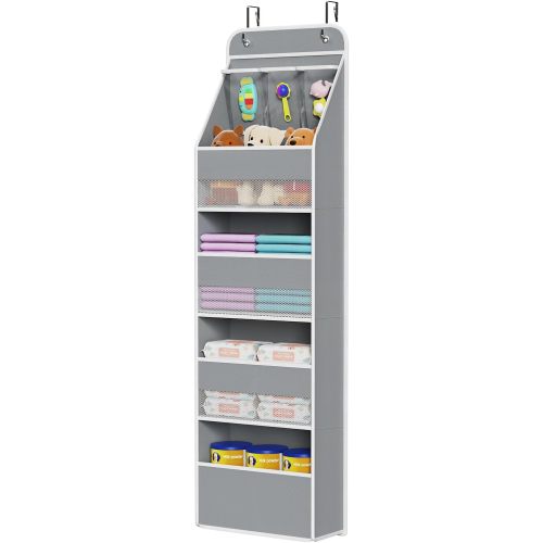 Univivi 5-Shelf Fabric Door Storage Over Door Hanging Organizer with 4 Large Pockets and 3 Small PVC Pockets Nursery Closet Cabinet Wall Mount Hanging Storage Organizers for Baby Nursery (Grey)