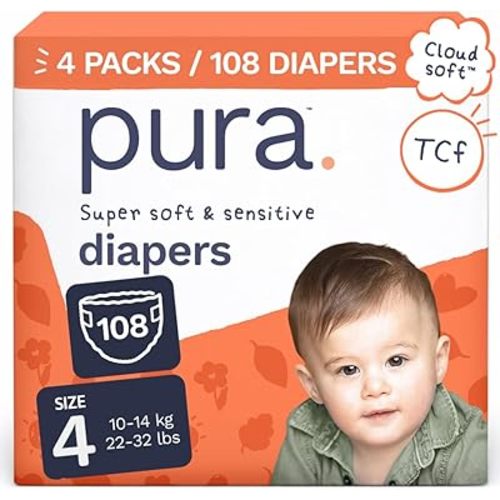 Pura Baby Diapers Size 4-108 Count, 22-32lbs, 12hr Leak Protection, Soft & Gentle Diapers for Hypoallergenic & Sensitive Baby Skin, Toxin-Free*, Organic Cotton, Blowout Blocker™, New Size Guide