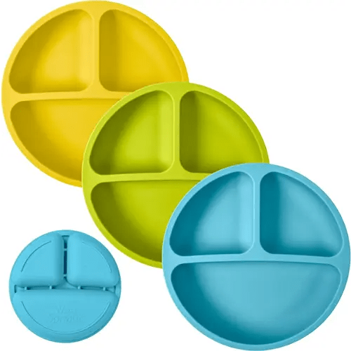 WeeSprout Non-Suction Silicone Dishware Plate (No Lids), 100% Food Grade for Toddlers and Kids, Dishwasher and Microwave Safe (Bright Green, Blue & Yellow, 3 Count (Pack of 1))