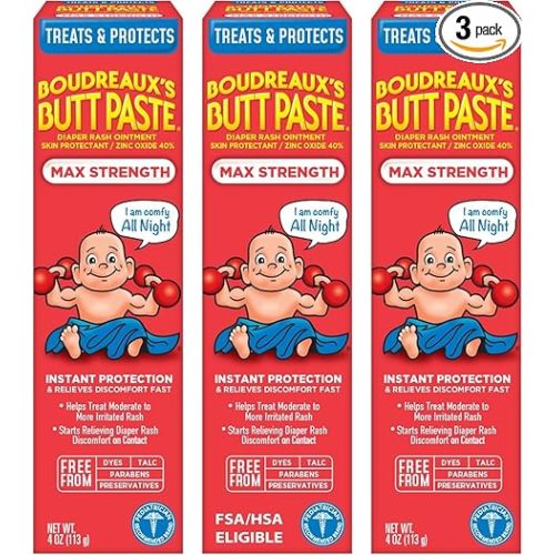 Boudreaux's Butt Paste Maximum Strength Diaper Rash Cream, Ointment | For Baby | 4 oz Tube | Pack of 3
