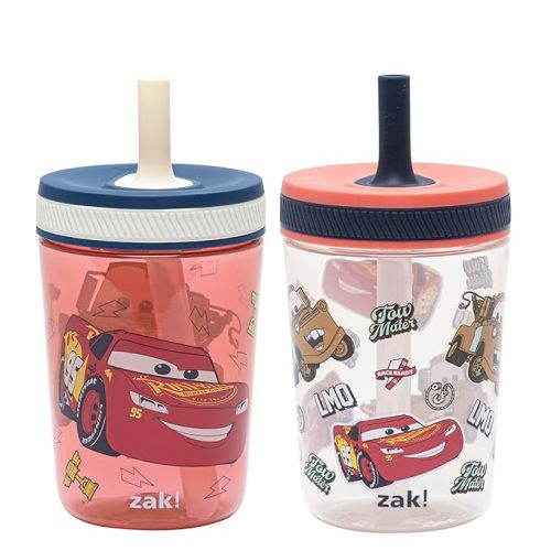 Zak Designs Disney Pixar Cars Kelso Toddler Tumblers, 15oz 2-Pack Durable Plastic Cups With Leak-Proof Design (Lightning McQueen & Tow Mater)