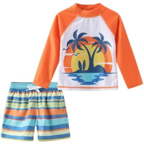 Aisyee Toddler Baby Boys Rash Guard Set for Kids Boys Swim Set with Swim Trunks Long Sleeve Bathing Suits