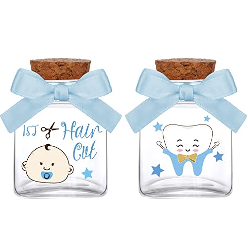 Eaasty 2 Piece Baby Keepsake Box First Haircut and Tooth Keepsake Gender Glass Bottle Tooth Memory Holder for Baby Shower Party Newborn Gifts(Blue,Boy Pattern)